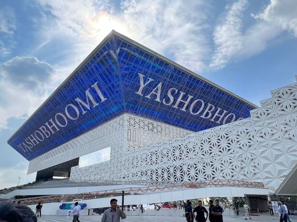Modern convention centre exterior in Delhi